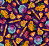 Image of the Cornucopia Harvest Harvest Fruits & Floral Wine quilting cotton fabric by Gina Jane Lee for QT Fabrics. Features pumpkins on a purple background. Cute Little Fabric Shop