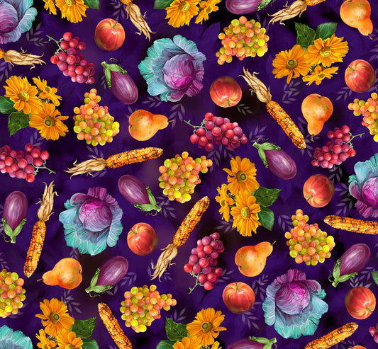 Image of the Cornucopia Harvest Harvest Fruits & Floral Wine quilting cotton fabric by Gina Jane Lee for QT Fabrics. Features pumpkins on a purple background. Cute Little Fabric Shop