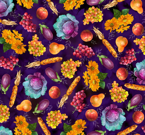 Image of the Cornucopia Harvest Harvest Fruits & Floral Wine quilting cotton fabric by Gina Jane Lee for QT Fabrics. Features pumpkins on a purple background. Cute Little Fabric Shop