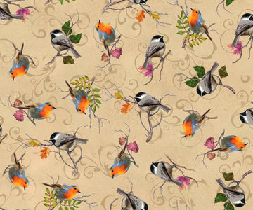 Image of the Cornucopia Harvest Harvest Birds Tan quilting cotton fabric by Gina Jane Lee for QT Fabrics. Features birds on a tan background. Cute Little Fabric Shop