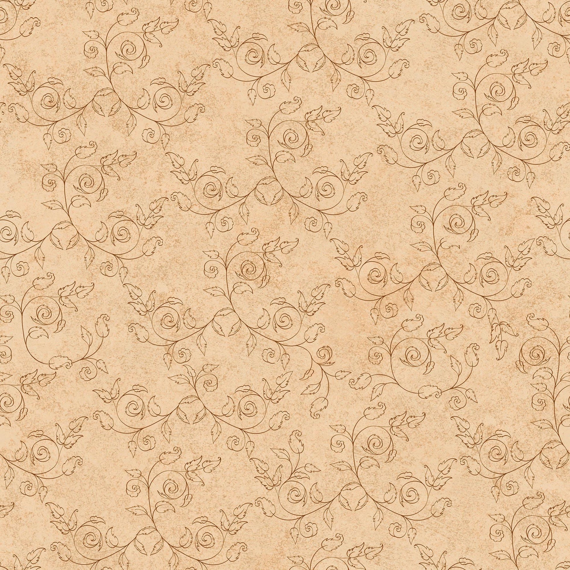 Image of the Cornucopia Harvest Delicate Scroll Tan quilting cotton fabric by Gina Jane Lee for QT Fabrics. Features leaves on a cream background. Cute Little Fabric Shop
