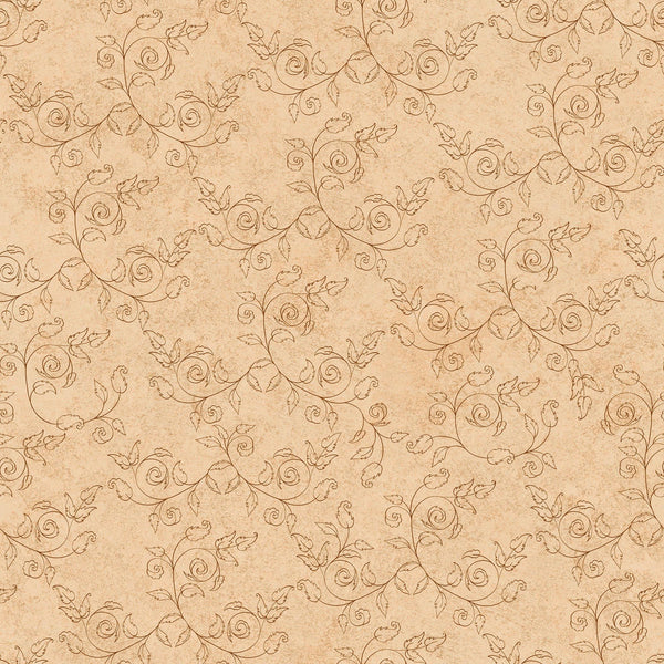 Image of the Cornucopia Harvest Delicate Scroll Tan quilting cotton fabric by Gina Jane Lee for QT Fabrics. Features leaves on a cream background. Cute Little Fabric Shop