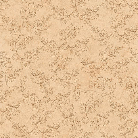 Image of the Cornucopia Harvest Delicate Scroll Tan quilting cotton fabric by Gina Jane Lee for QT Fabrics. Features leaves on a cream background. Cute Little Fabric Shop