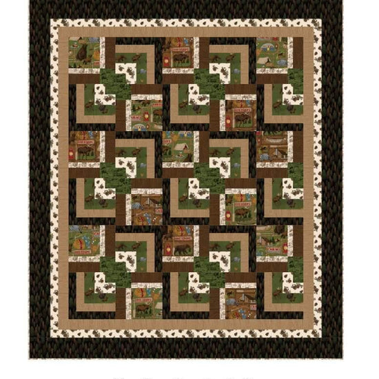 Image of the Cabin in the Pines quilt pattern by Pine Tree Country Quilts for Riley Blake Designs. Features a striped brown quilt. Cute Little Fabric Shop