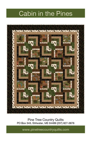 Image of the Cabin in the Pines quilt pattern by Pine Tree Country Quilts for Riley Blake Designs. Features a striped brown quilt. Cute Little Fabric Shop