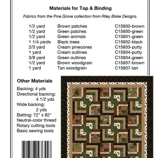 Image of the Cabin in the Pines quilt pattern by Pine Tree Country Quilts for Riley Blake Designs. Features the fabric requirements. Cute Little Fabric Shop