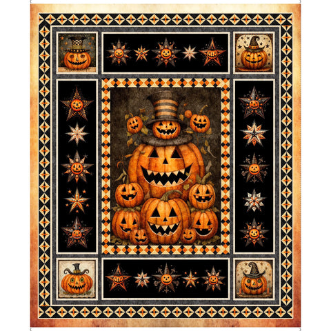 Jeepers Creepers Pumpkin Panel 31007 Orange O - by QT Fabrics - Jack-O-Lantern Pumpkin Star - Quilting Cotton Fabric