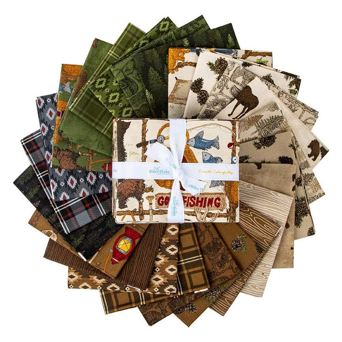 Image of the Perry Grove fat quarter bundle by The RBD Designers for Riley Blake Designs. Features outdoor themed fabrics on brown backgrounds. 
Cute Little Fabric Shop
