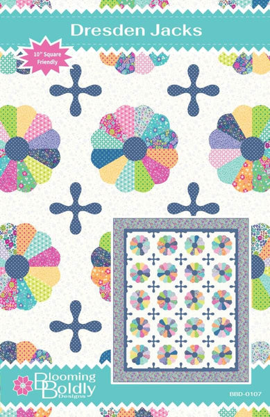 Image of the Dresden Jacks quilt pattern by Blooming Boldly Designs for Riley Blake Designs. Features dresdens and jacks on a quilt pattern. 
Cute Little Fabric Shop