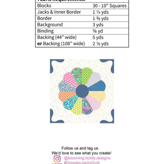 Image of the Dresden Jacks quilt pattern by Blooming Boldly Designs for Riley Blake Designs. Features dresdens and jacks on a quilt pattern. 
Cute Little Fabric Shop
