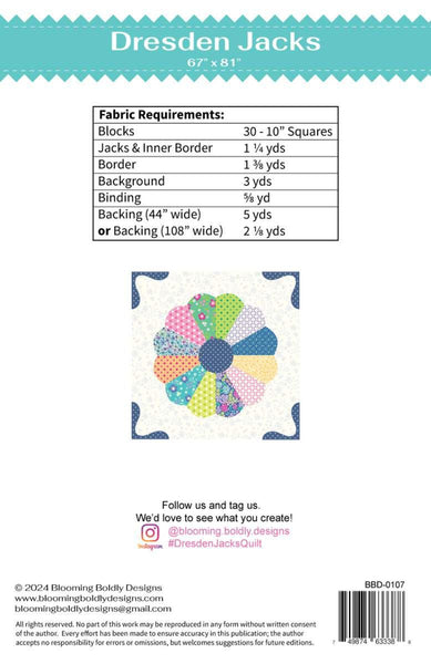 Image of the Dresden Jacks quilt pattern by Blooming Boldly Designs for Riley Blake Designs. Features dresdens and jacks on a quilt pattern. 
Cute Little Fabric Shop