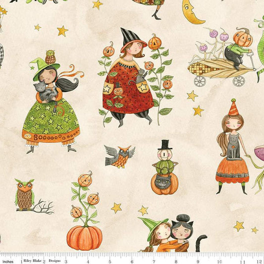 Image of the Ghoul Friends Main Cream quilting cotton fabric by Teresa Kogut for Riley Blake Designs. Features halloween icons on a cream background. Cute Little Fabric Shop