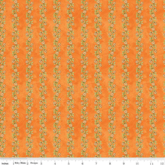 Image of the Ghoul Friends Pumpkin Vine Orange quilting cotton fabric by Teresa Kogut for Riley Blake Designs. Features pumpkin stripes on an orange background. Cute Little Fabric Shop