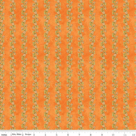 Image of the Ghoul Friends Pumpkin Vine Orange quilting cotton fabric by Teresa Kogut for Riley Blake Designs. Features pumpkin stripes on an orange background. Cute Little Fabric Shop