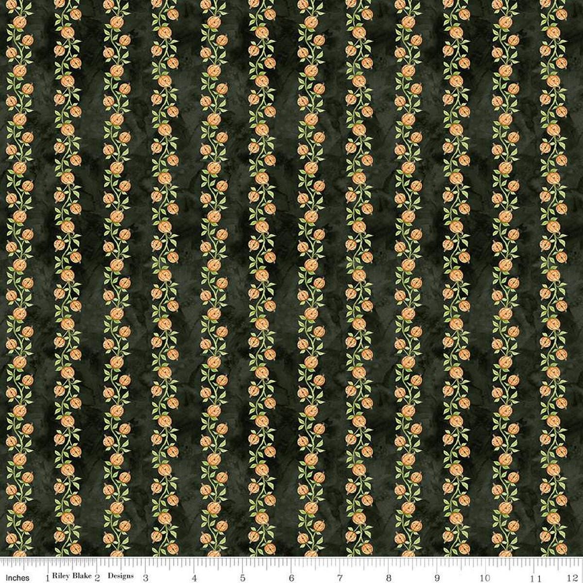 Image of the Ghoul Friends Pumpkin Vine Black quilting cotton fabric by Teresa Kogut for Riley Blake Designs. Features pumpkin stripes on a black background. Cute Little Fabric Shop