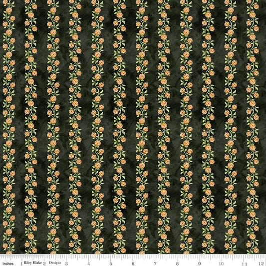 Image of the Ghoul Friends Pumpkin Vine Black quilting cotton fabric by Teresa Kogut for Riley Blake Designs. Features pumpkin stripes on a black background. Cute Little Fabric Shop
