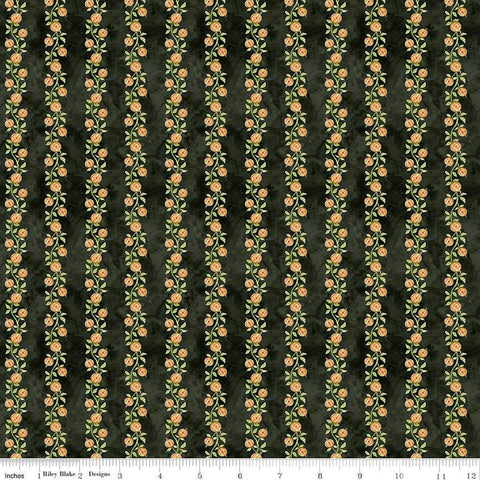 Image of the Ghoul Friends Pumpkin Vine Black quilting cotton fabric by Teresa Kogut for Riley Blake Designs. Features pumpkin stripes on a black background. Cute Little Fabric Shop