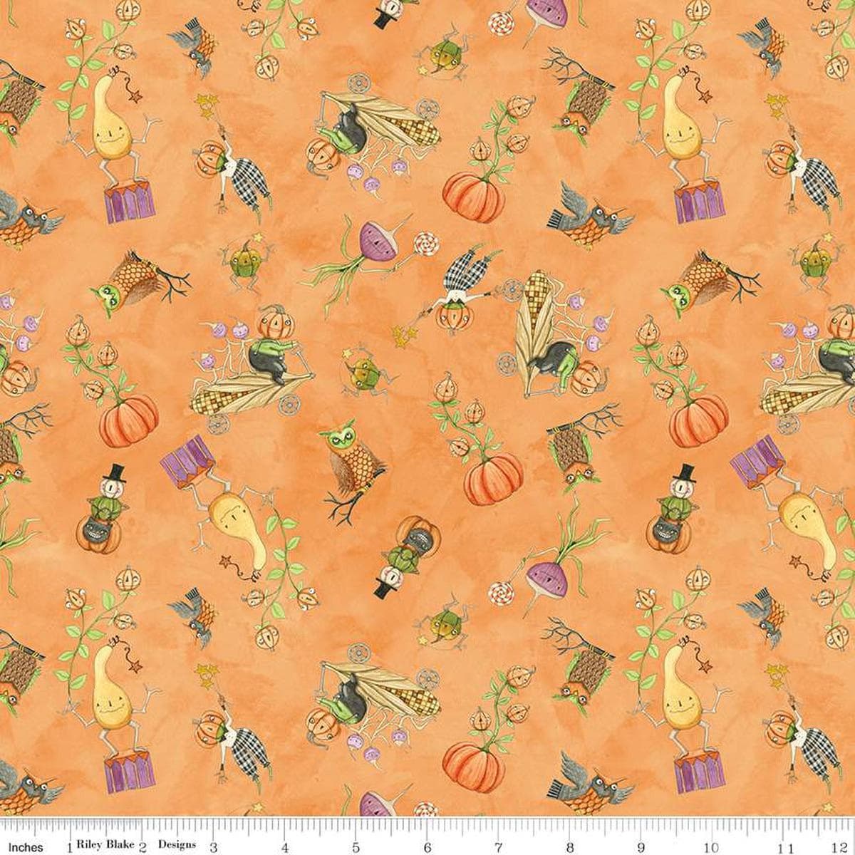 Image of the Ghoul Friends Boots Toss Orange quilting cotton fabric by Teresa Kogut for Riley Blake Designs. Features boots on an orange background. Cute Little Fabric Shop