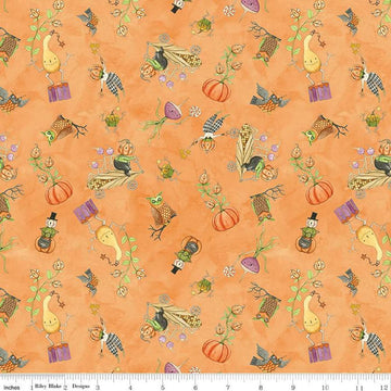Image of the Ghoul Friends Boots Toss Orange quilting cotton fabric by Teresa Kogut for Riley Blake Designs. Features boots on an orange background. Cute Little Fabric Shop
