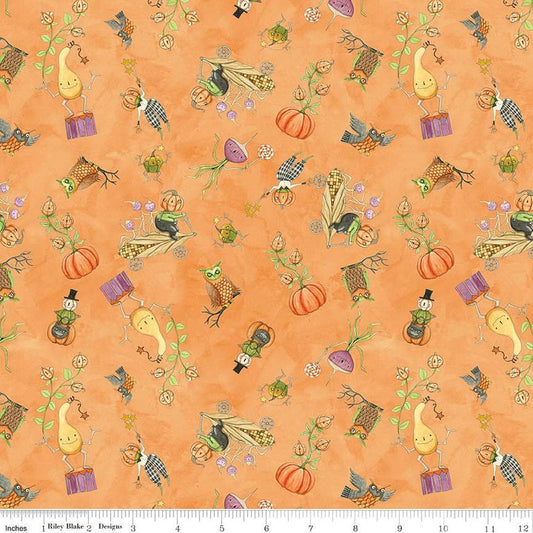 Image of the Ghoul Friends Boots Toss Orange quilting cotton fabric by Teresa Kogut for Riley Blake Designs. Features boots on an orange background. Cute Little Fabric Shop