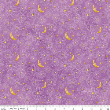 Image of the Ghoul Friends Stars and Moon Purple quilting cotton fabric by Teresa Kogut for Riley Blake Designs. Features stars and moon on a purple background. Cute Little Fabric Shop