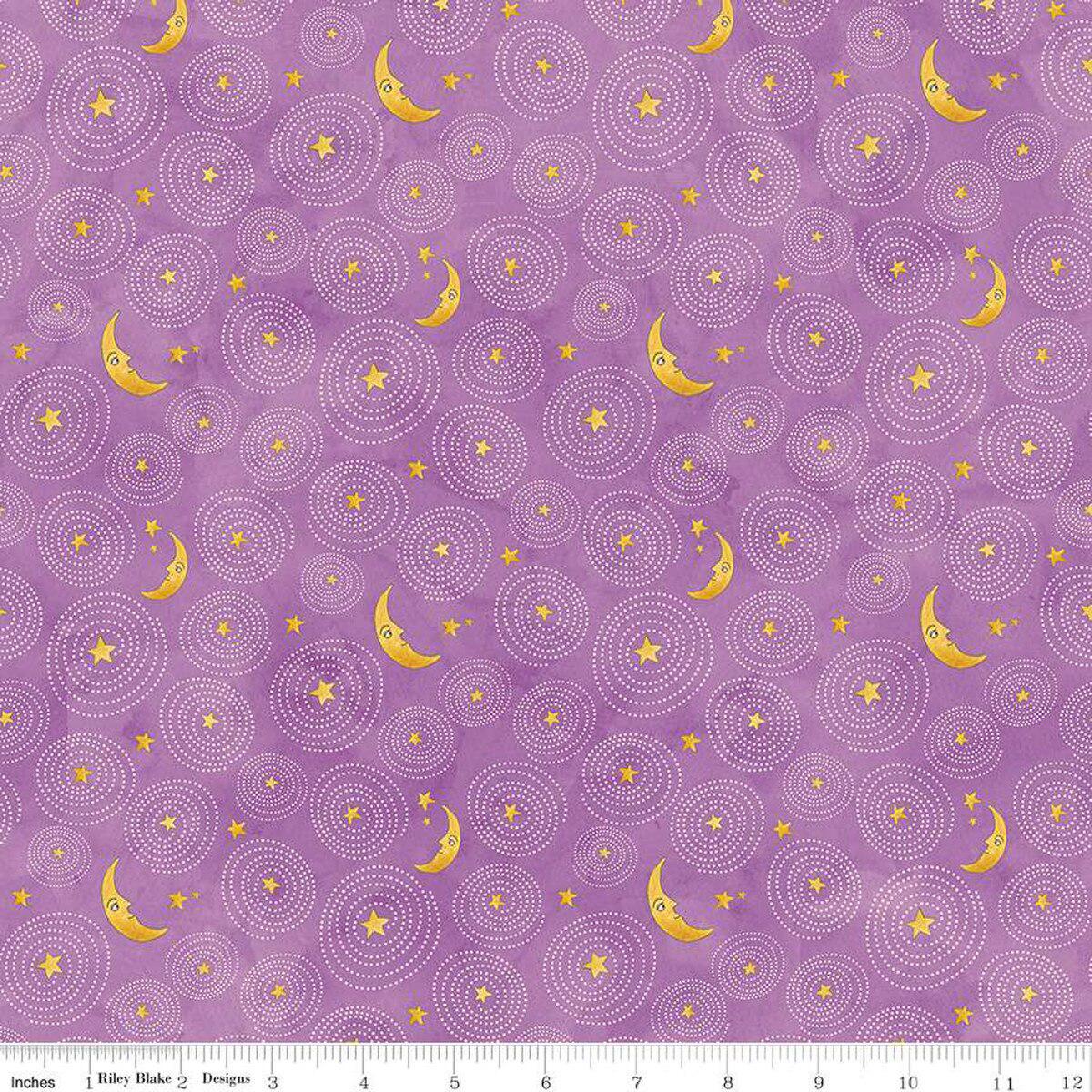 Image of the Ghoul Friends Stars and Moon Purple quilting cotton fabric by Teresa Kogut for Riley Blake Designs. Features stars and moon on a purple background. Cute Little Fabric Shop