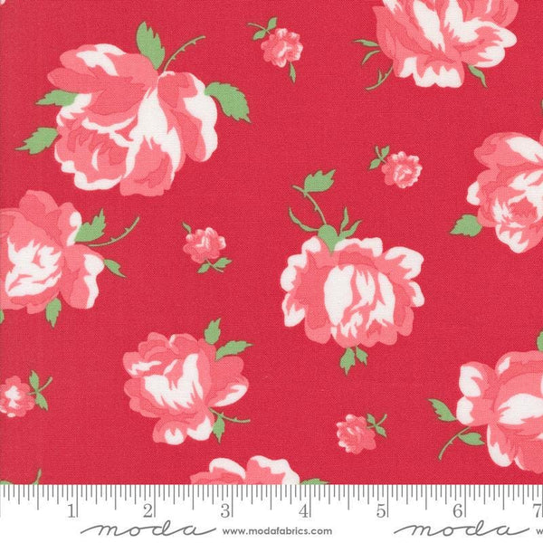 Image of the Summertime Rosie Red quilting cotton fabric by Moda Fabrics. Features flowers on a red background. Cute Little Fabric Shop