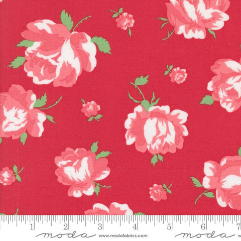 Image of the Summertime Rosie Red quilting cotton fabric by Moda Fabrics. Features flowers on a red background. Cute Little Fabric Shop