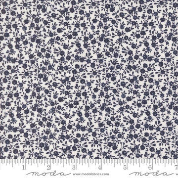 Image of the Summertime Bloom Cream Navy quilting cotton fabric by Moda Fabrics. Features flowers on a blue background. Cute Little Fabric Shop