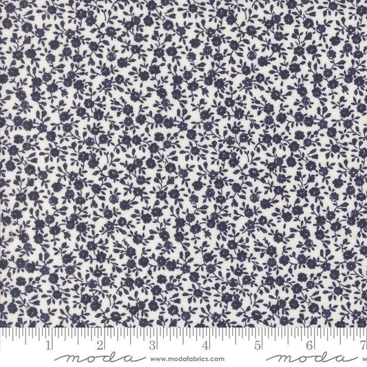 Image of the Summertime Bloom Cream Navy quilting cotton fabric by Moda Fabrics. Features flowers on a blue background. Cute Little Fabric Shop