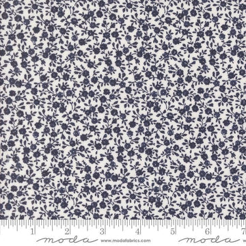 Image of the Summertime Bloom Cream Navy quilting cotton fabric by Moda Fabrics. Features flowers on a blue background. Cute Little Fabric Shop