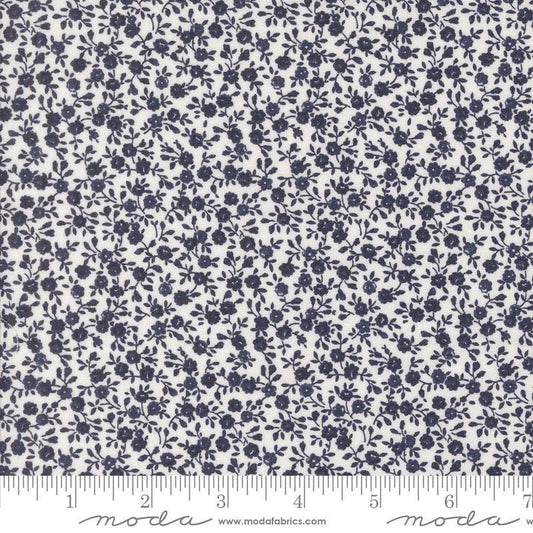 Image of the Summertime Bloom Cream Navy quilting cotton fabric by Moda Fabrics. Features flowers on a blue background. Cute Little Fabric Shop