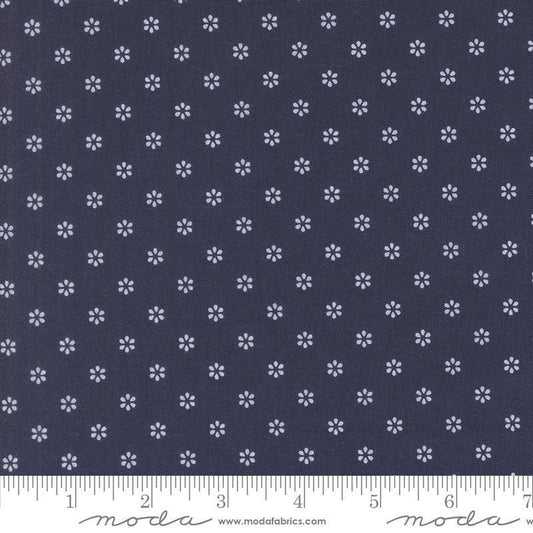 Image of the Summertime Small Navy quilting cotton fabric by Moda Fabrics. Features flowers on a navy background. Cute Little Fabric Shop