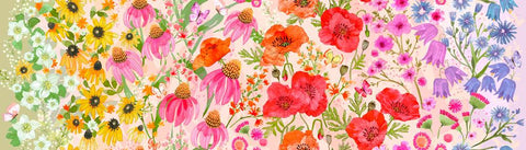 Superbloom Wildflowers Pastel quilting cotton fabrics by Robin Pickens for Moda Fabrics. Features flowers on an pink background. Cute Little Fabric Shop