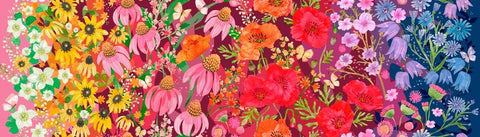 Superbloom Wildflowers Jewel quilting cotton fabrics by Robin Pickens for Moda Fabrics. Features flowers on an red background. Cute Little Fabric Shop