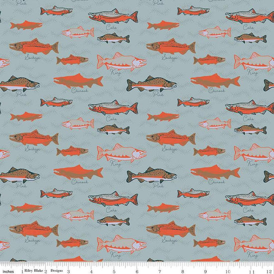 Image of the Alaska Whales Blue quilting cotton fabric by Riley Blake Designs. Features whales on a blue background. Cute Little Fabric Shop