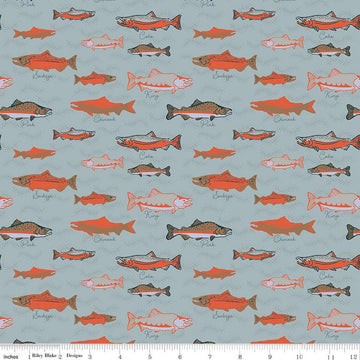 Image of the Alaska Whales Blue quilting cotton fabric by Riley Blake Designs. Features whales on a blue background. Cute Little Fabric Shop