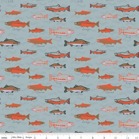 Image of the Alaska Whales Blue quilting cotton fabric by Riley Blake Designs. Features whales on a blue background. Cute Little Fabric Shop