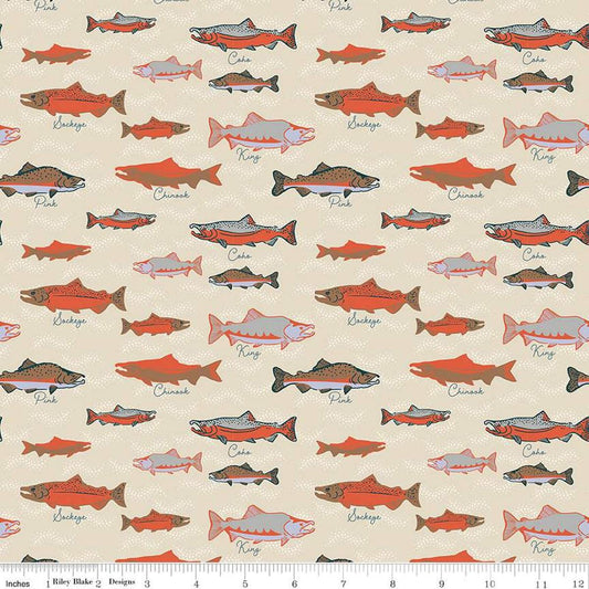 Image of the Alaska Salmon Cream quilting cotton fabric by Riley Blake Designs. Features whales on a cream background. Cute Little Fabric Shop