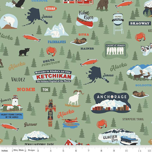 Image of the Alaska Wildlife Blue quilting cotton fabric by Riley Blake Designs. Features animals on a blue background. Cute Little Fabric Shop