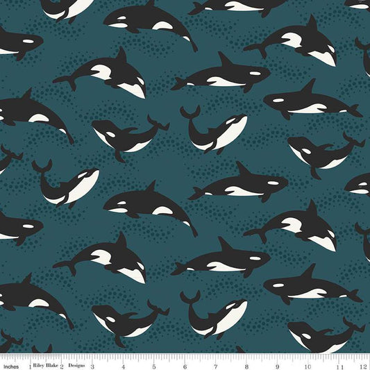 Image of the Alaska Whales Coastal quilting cotton fabric by Riley Blake Designs. Features animals on a blue background. Cute Little Fabric Shop