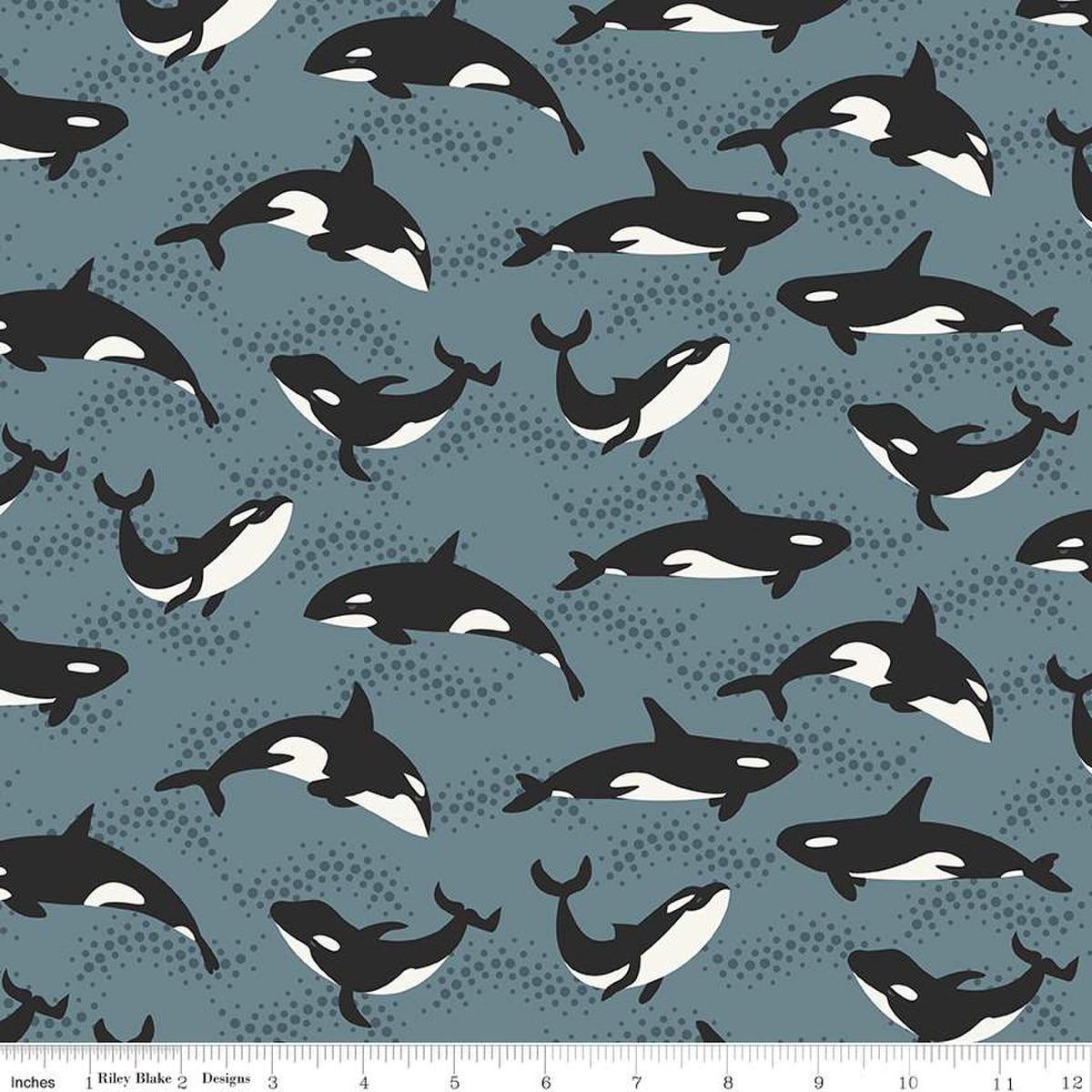 Image of the Alaska Whales Blue quilting cotton fabric by Riley Blake Designs. Features animals on a blue background. Cute Little Fabric Shop