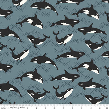 Image of the Alaska Whales Blue quilting cotton fabric by Riley Blake Designs. Features animals on a blue background. Cute Little Fabric Shop
