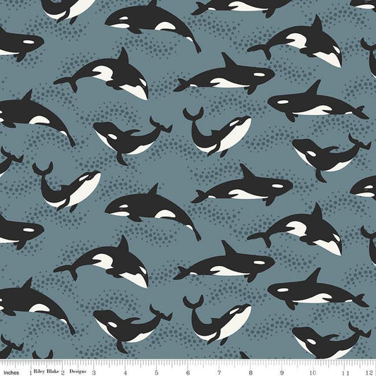 Image of the Alaska Whales Blue quilting cotton fabric by Riley Blake Designs. Features animals on a blue background. Cute Little Fabric Shop