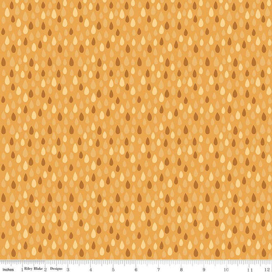 Image of the Created With Love Showered with Love Sunshine quilting cotton fabric by Riley Blake Designs. Features raindrops on a yellow background. Cute Little Fabric Shop