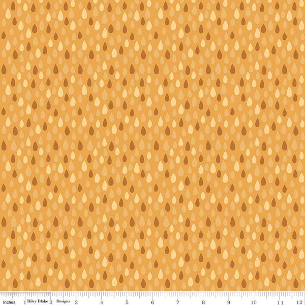 Image of the Created With Love Showered with Love Sunshine quilting cotton fabric by Riley Blake Designs. Features raindrops on a yellow background. Cute Little Fabric Shop