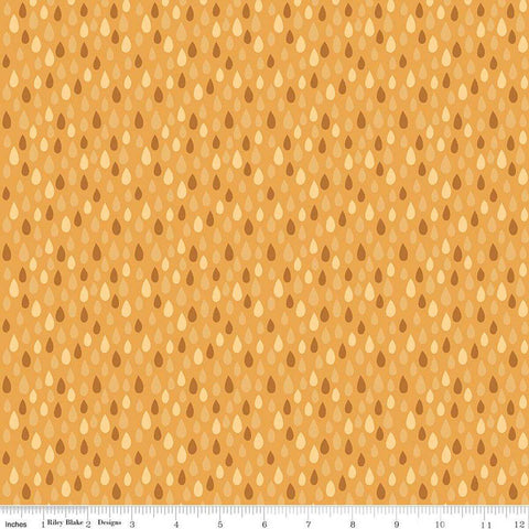 Image of the Created With Love Showered with Love Sunshine quilting cotton fabric by Riley Blake Designs. Features raindrops on a yellow background. Cute Little Fabric Shop