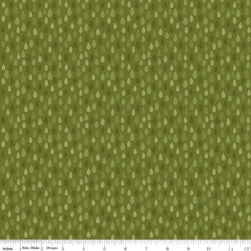 Image of the Created With Love Showered with Love Sprouts quilting cotton fabric by Riley Blake Designs. Features raindrops on a green background. Cute Little Fabric Shop
