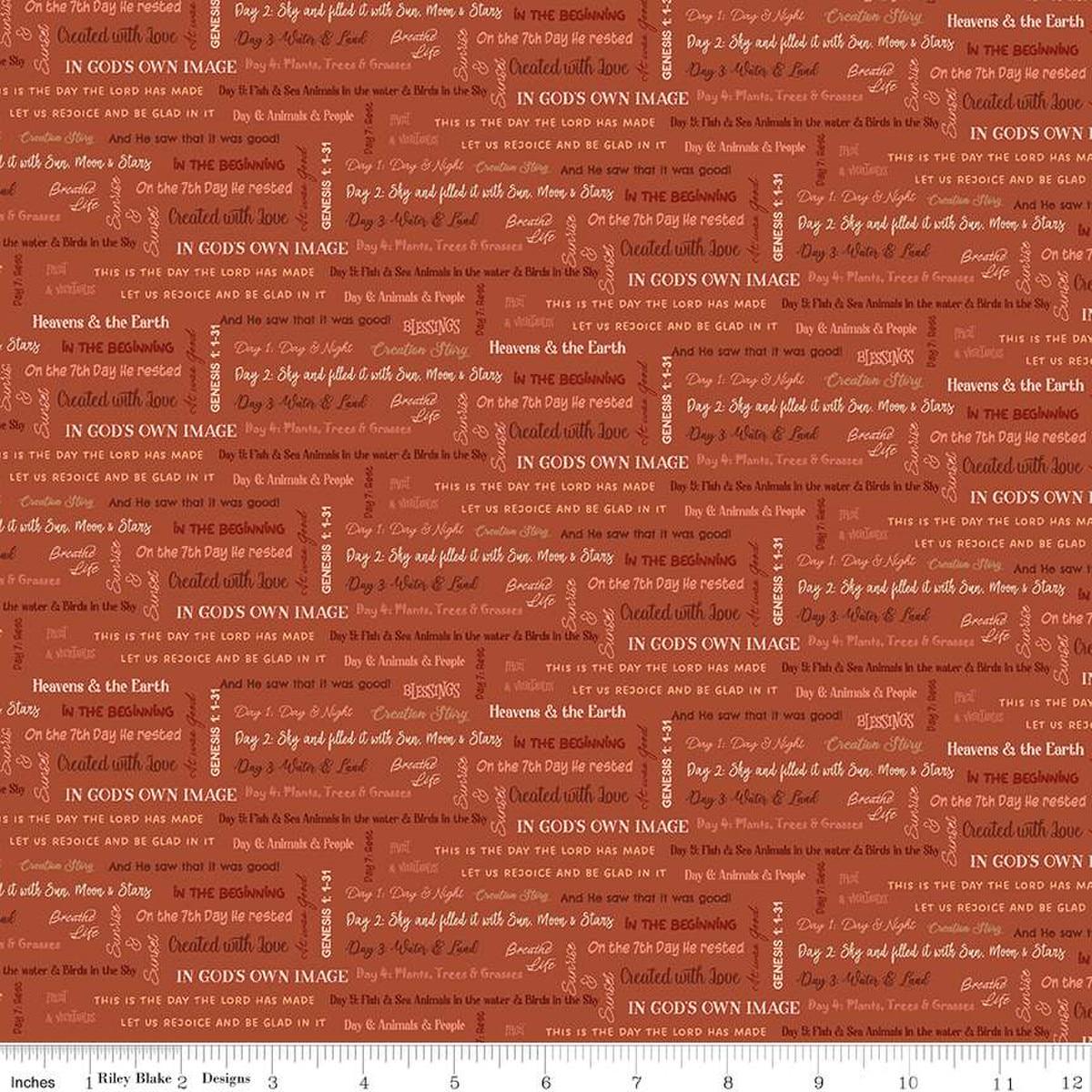 Image of the Created With Love It Is Written Clay quilting cotton fabric by Riley Blake Designs. Features text on a red background. Cute Little Fabric Shop