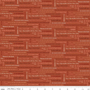 Image of the Created With Love It Is Written Clay quilting cotton fabric by Riley Blake Designs. Features text on a red background. Cute Little Fabric Shop